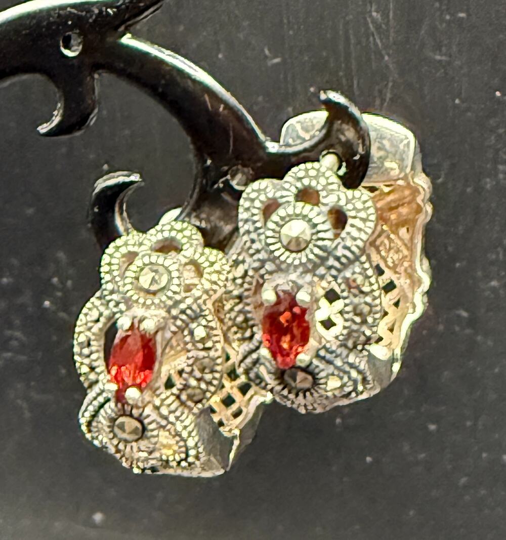 925 Thai Sterling Silver Marcasite Red Stone Hoop Earrings Deco & Fishnet Design